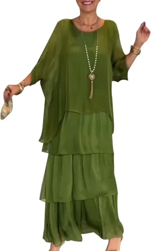 Women's 2 Piece Set Maxi Chiffon Dress Suits Crewneck Batwing Sleeve Plus Size Tiered Artistic Style Loose Dress
