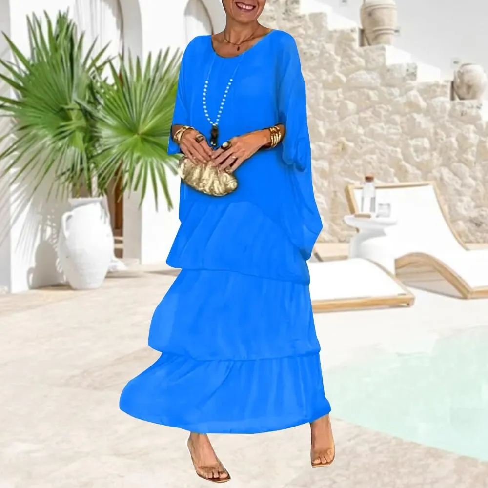 Women's 2 Piece Set Maxi Chiffon Dress Suits Crewneck Batwing Sleeve Plus Size Tiered Artistic Style Loose Dress