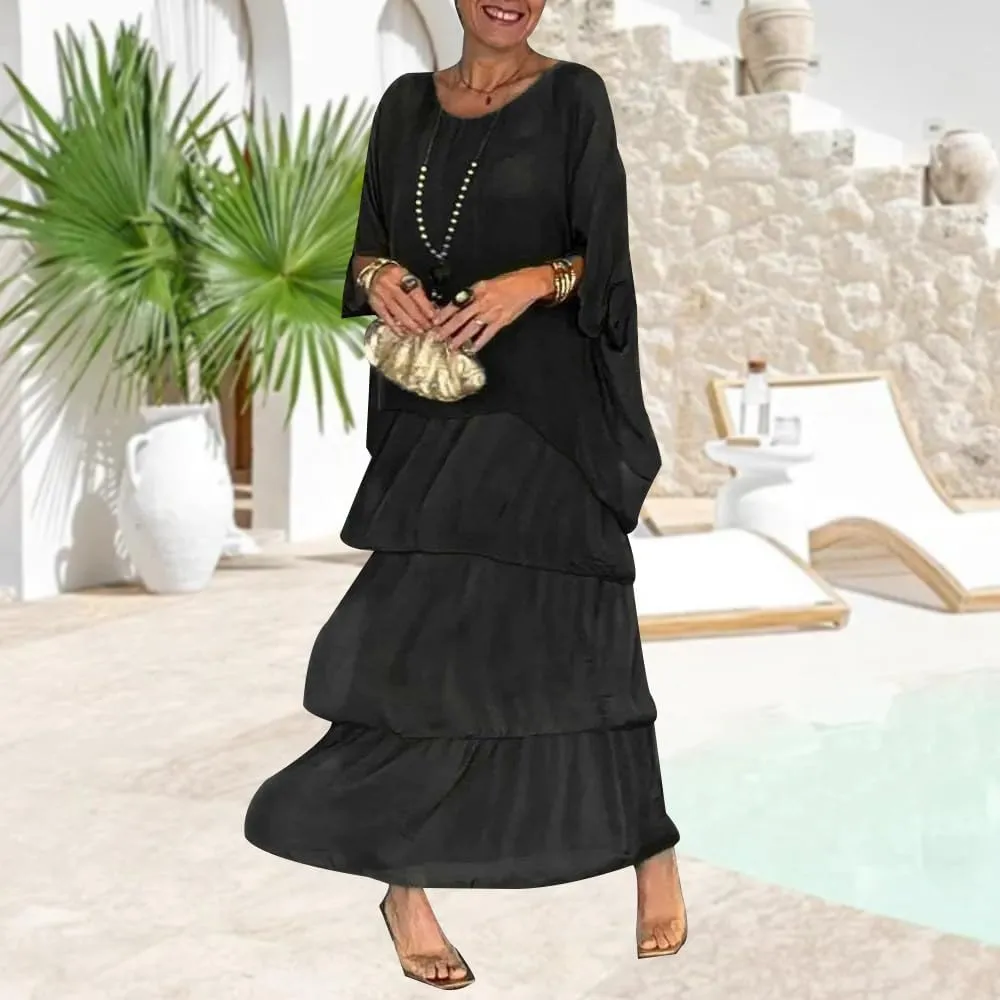 Women's 2 Piece Set Maxi Chiffon Dress Suits Crewneck Batwing Sleeve Plus Size Tiered Artistic Style Loose Dress
