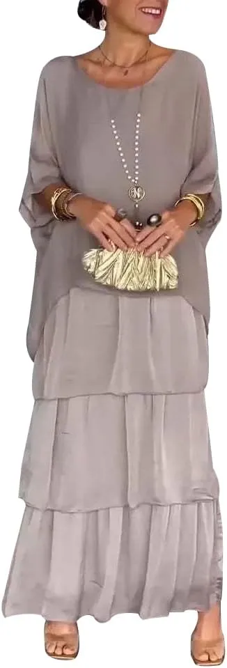 Women's 2 Piece Set Maxi Chiffon Dress Suits Crewneck Batwing Sleeve Plus Size Tiered Artistic Style Loose Dress