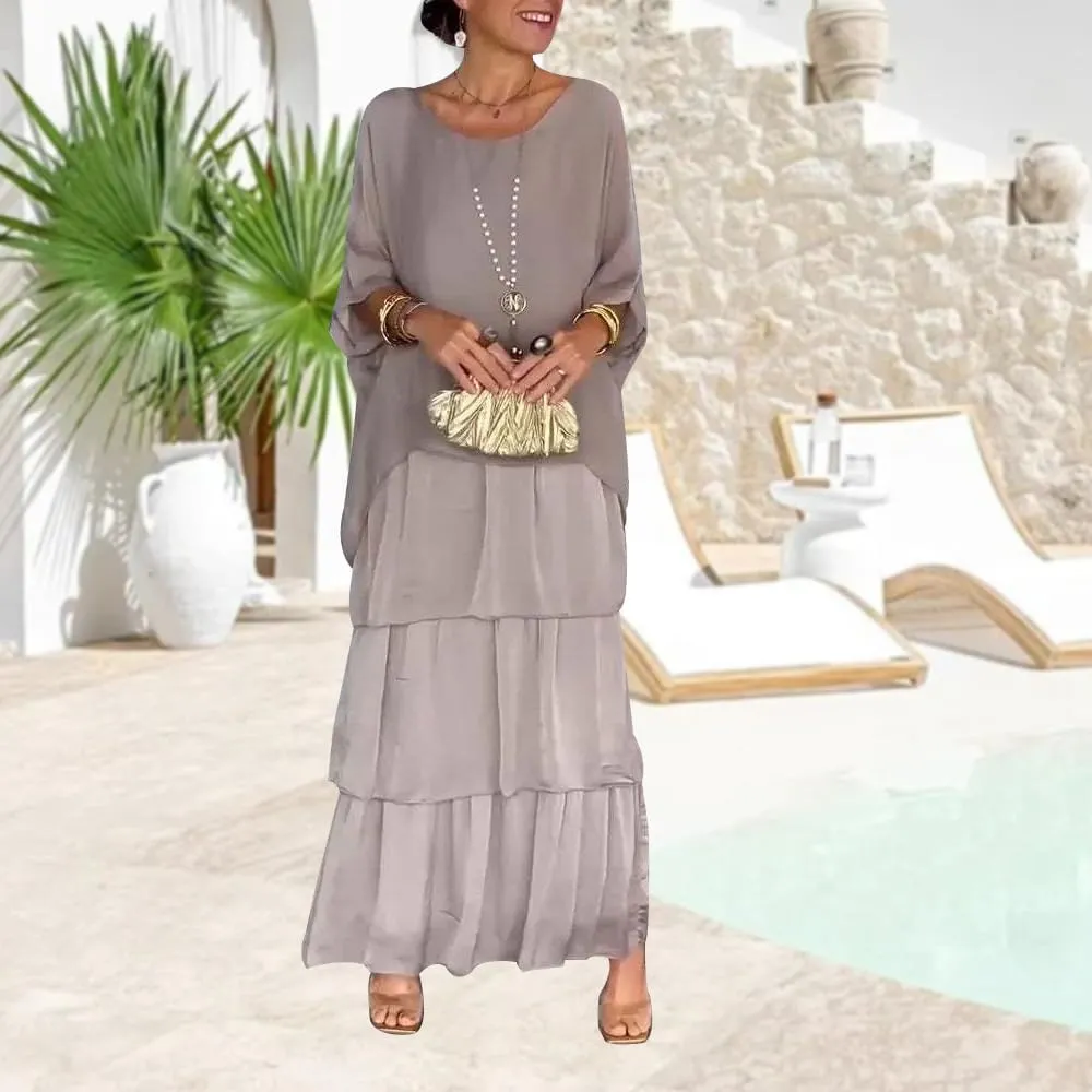 Women's 2 Piece Set Maxi Chiffon Dress Suits Crewneck Batwing Sleeve Plus Size Tiered Artistic Style Loose Dress