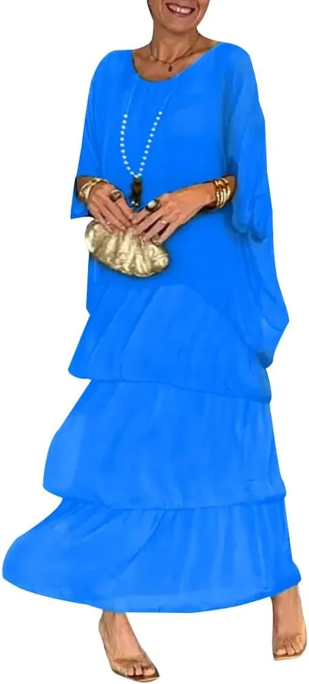 Women's 2 Piece Set Maxi Chiffon Dress Suits Crewneck Batwing Sleeve Plus Size Tiered Artistic Style Loose Dress