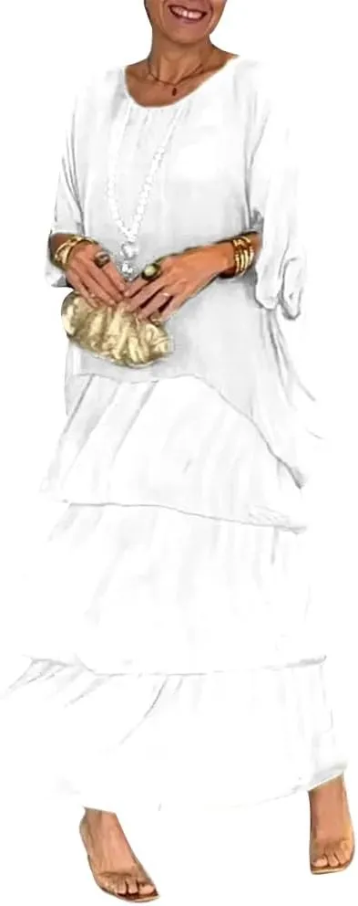 Women's 2 Piece Set Maxi Chiffon Dress Suits Crewneck Batwing Sleeve Plus Size Tiered Artistic Style Loose Dress