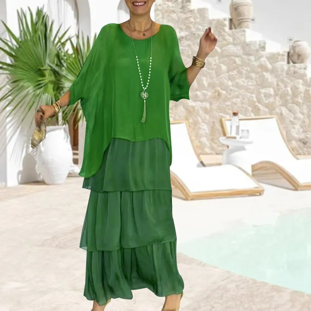 Women's 2 Piece Set Maxi Chiffon Dress Suits Crewneck Batwing Sleeve Plus Size Tiered Artistic Style Loose Dress