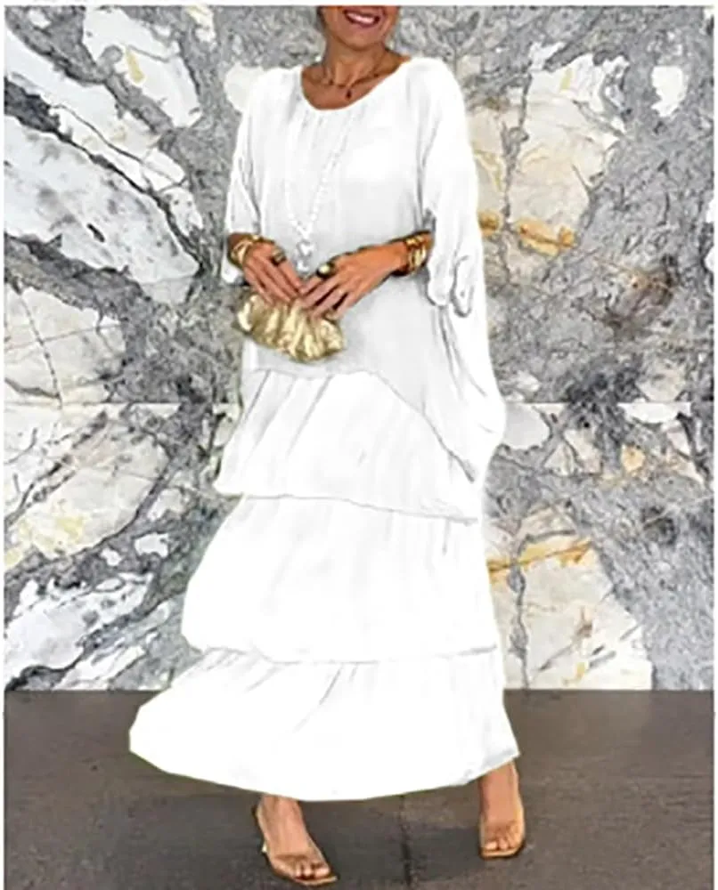 Women's 2 Piece Set Maxi Chiffon Dress Suits Crewneck Batwing Sleeve Plus Size Tiered Artistic Style Loose Dress