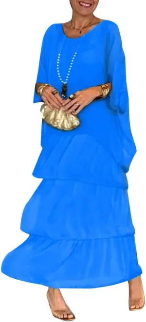 Women's 2 Piece Set Maxi Chiffon Dress Suits Crewneck Batwing Sleeve Plus Size Tiered Artistic Style Loose Dress