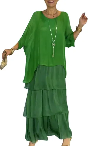 Women's 2 Piece Set Maxi Chiffon Dress Suits Crewneck Batwing Sleeve Plus Size Tiered Artistic Style Loose Dress
