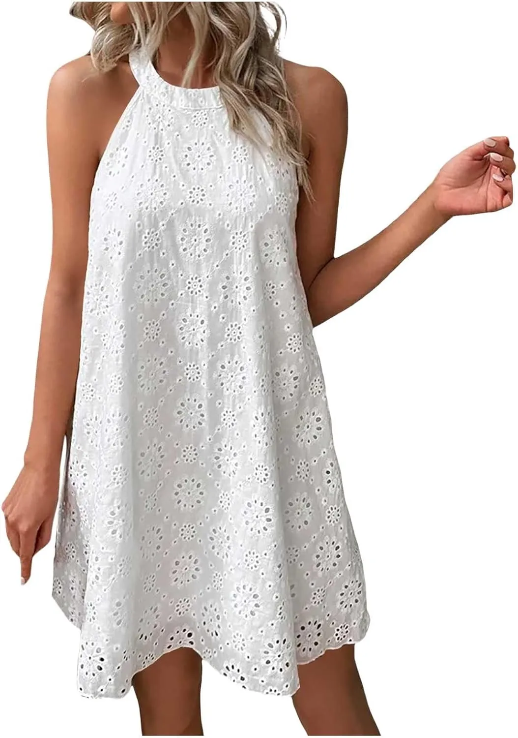 Womens 2024 Summer Dress Fashion Floral High Round Neck Smocked Boho Dress Casual Ruffle Beach Summer Mini Dress A-white, XX-Large