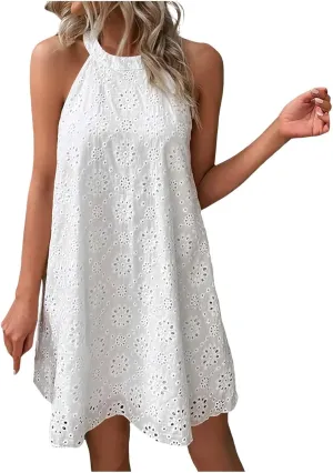 Womens 2024 Summer Dress Fashion Floral High Round Neck Smocked Boho Dress Casual Ruffle Beach Summer Mini Dress A-white, XX-Large