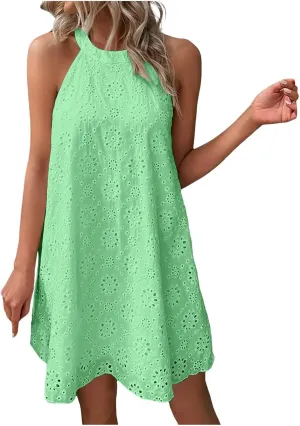 Womens 2024 Summer Dress Fashion Floral High Round Neck Smocked Boho Dress Casual Ruffle Beach Summer Mini Dress, XX-Large