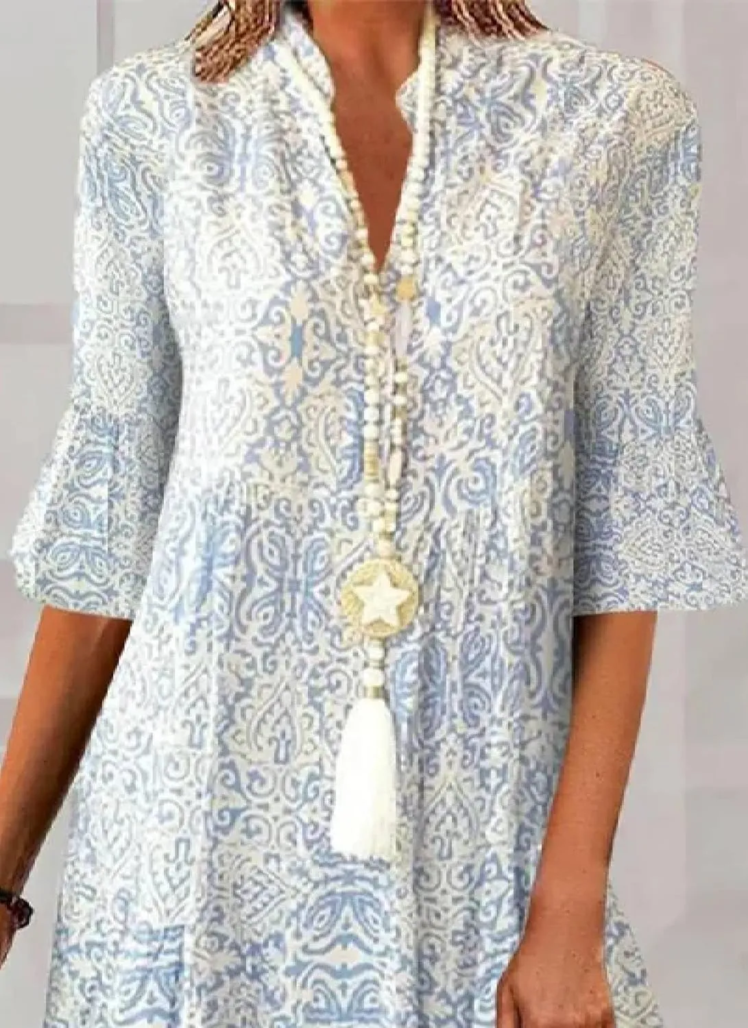 Women's 2025 Casual Loose Blue Bohemian Mini Dresses Half Sleeve V Neck Ruffle Flowy Dress Summer Sun Beach Dress