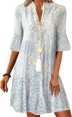 Women's 2025 Casual Loose Blue Bohemian Mini Dresses Half Sleeve V Neck Ruffle Flowy Dress Summer Sun Beach Dress