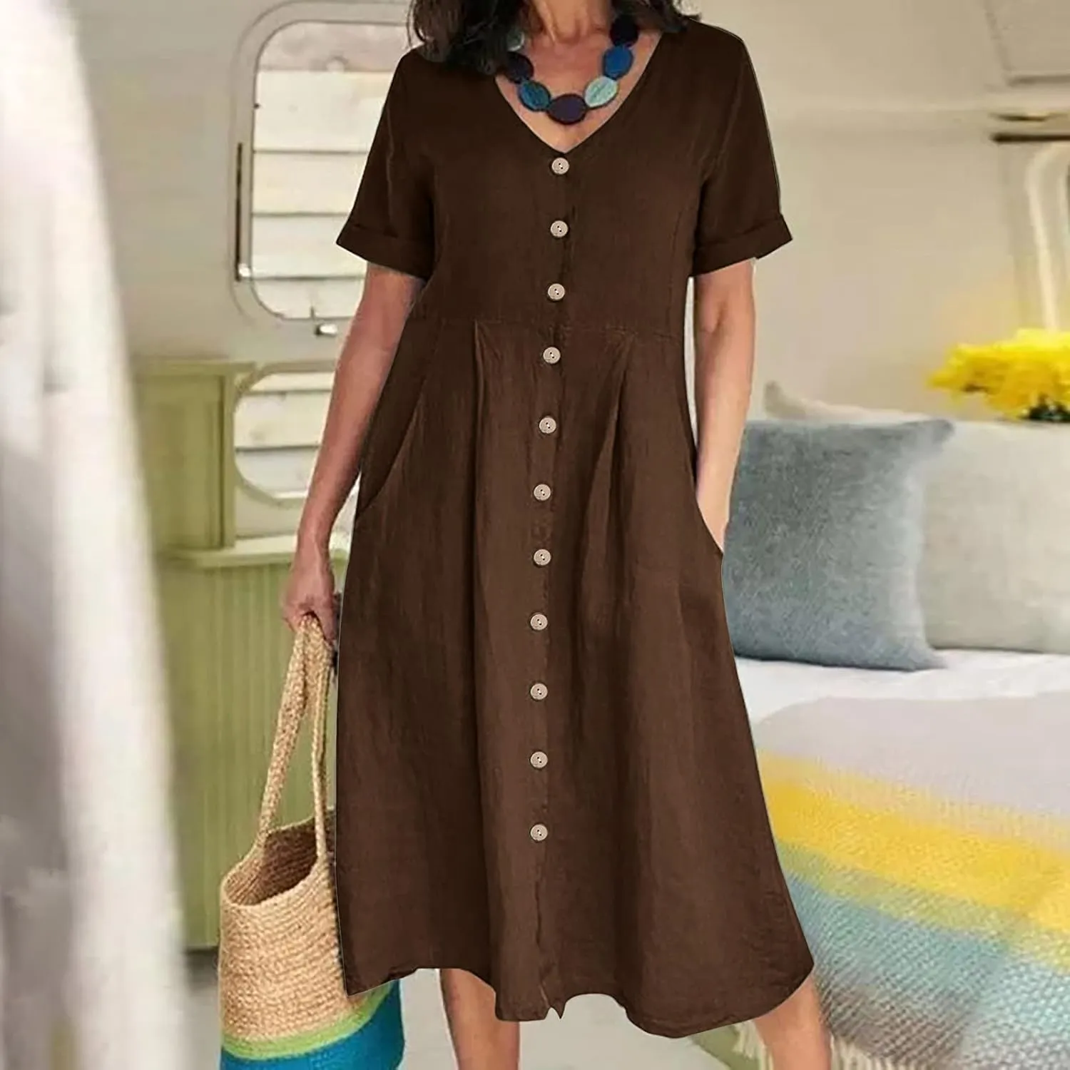 Women's 2025 Plus Size Cotton Linen Dresses Short Sleeve V-Neck Solid Shirt Dress Summer Loose Fit Dress with Pockets