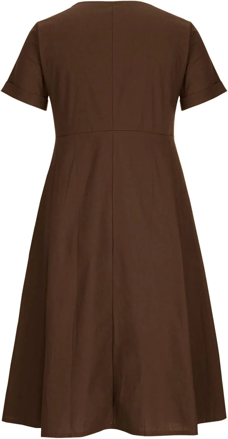 Women's 2025 Plus Size Cotton Linen Dresses Short Sleeve V-Neck Solid Shirt Dress Summer Loose Fit Dress with Pockets