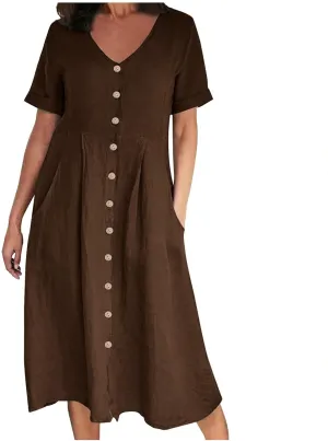 Women's 2025 Plus Size Cotton Linen Dresses Short Sleeve V-Neck Solid Shirt Dress Summer Loose Fit Dress with Pockets