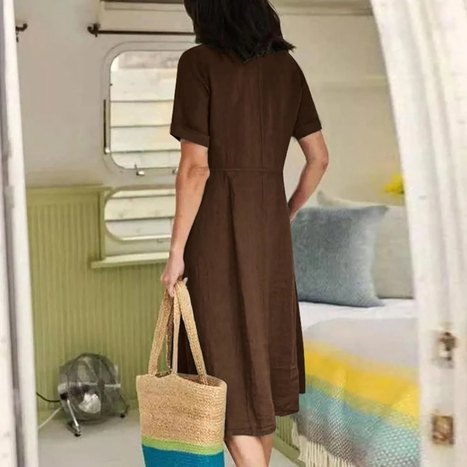 Women's 2025 Plus Size Cotton Linen Dresses Short Sleeve V-Neck Solid Shirt Dress Summer Loose Fit Dress with Pockets