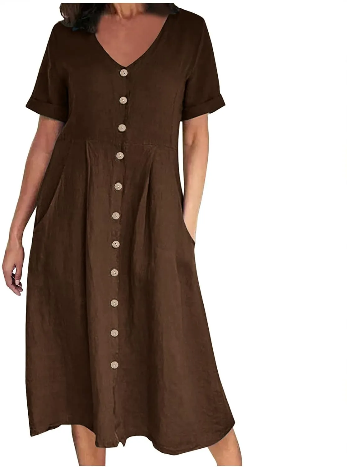 Women's 2025 Plus Size Cotton Linen Dresses Short Sleeve V-Neck Solid Shirt Dress Summer Loose Fit Dress with Pockets