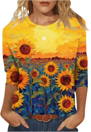 Womens 3/4 Length Sleeve Summer Shirts Floral Boho Blouses Tshirts Trendy Dressy Casual Tops Vacation 2024 Clothing