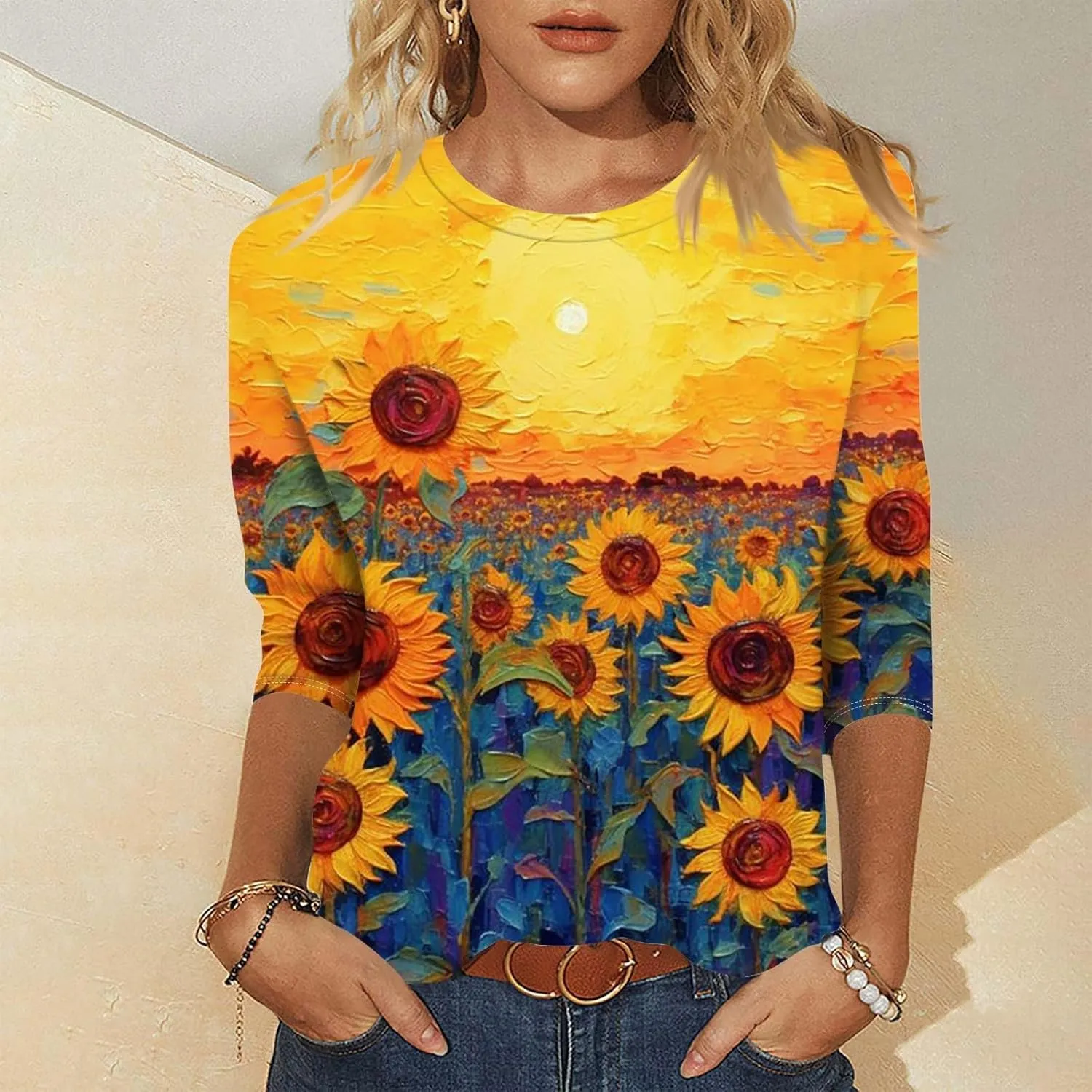 Womens 3/4 Length Sleeve Summer Shirts Floral Boho Blouses Tshirts Trendy Dressy Casual Tops Vacation 2024 Clothing