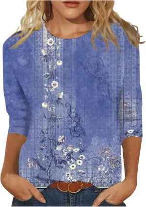 Women's 3/4 Sleeve Shirts Crew Neck Loose Tops Casual Solid Color Tshirts Trendy Basic Tunic Summer Ladies Tops