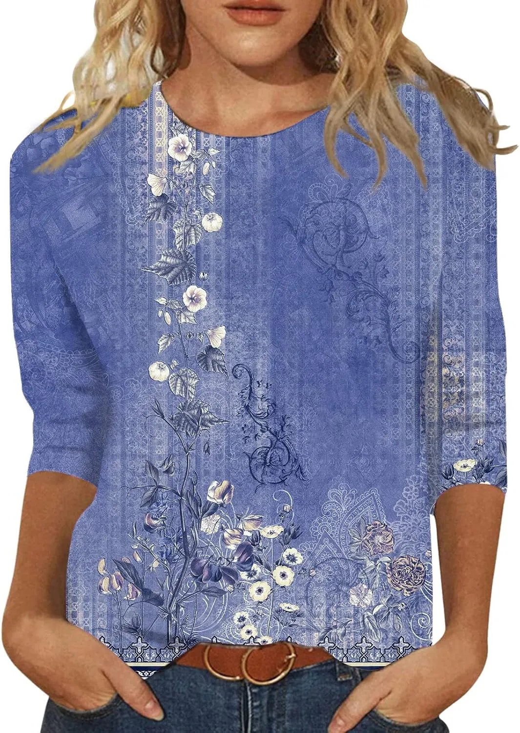 Women's 3/4 Sleeve Shirts Crew Neck Loose Tops Casual Solid Color Tshirts Trendy Basic Tunic Summer Ladies Tops