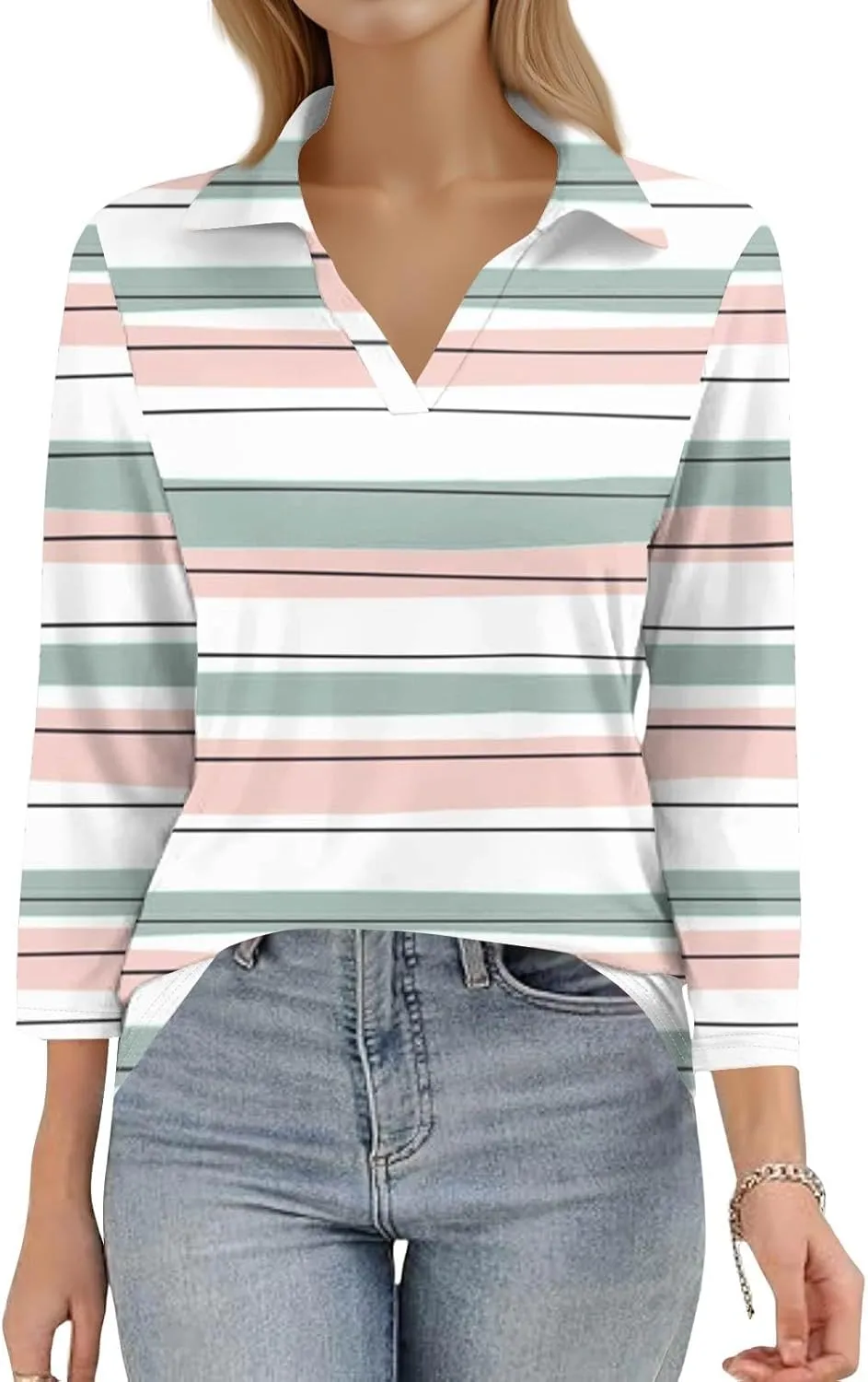 Women's 3/4 Sleeve Shirts V Neck Summer Polo Tops Casual Tunics Tops Basic Tees Blouse Loose Fit Plus Size S-3X