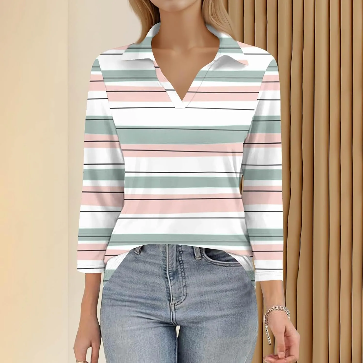 Women's 3/4 Sleeve Shirts V Neck Summer Polo Tops Casual Tunics Tops Basic Tees Blouse Loose Fit Plus Size S-3X