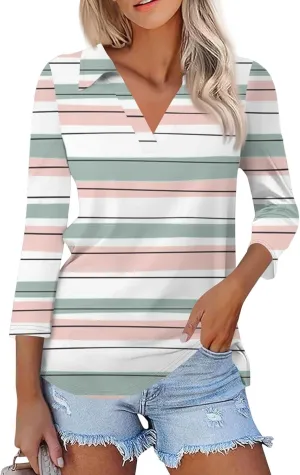 Women's 3/4 Sleeve Shirts V Neck Summer Polo Tops Casual Tunics Tops Basic Tees Blouse Loose Fit Plus Size S-3X