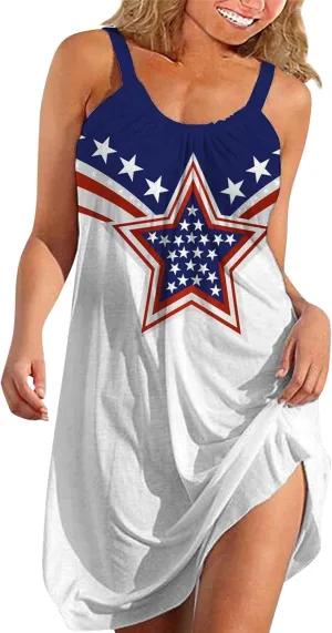 Women's 4th of July USA Flag Print Midi Slip Dress 2024 Summer Casual Beach Dress Plus Size Elegant Flowy Dresses