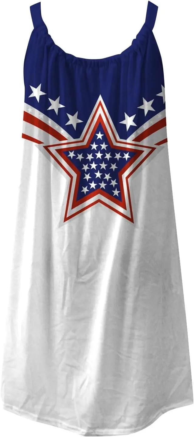 Women's 4th of July USA Flag Print Midi Slip Dress 2024 Summer Casual Beach Dress Plus Size Elegant Flowy Dresses