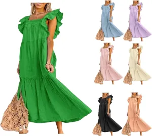 Womens Babydoll Maxi Dress Ruffle Cap Short Sleeve Dresses Tiered Pleated Swing Flowy Long Sundress Summer Outfits