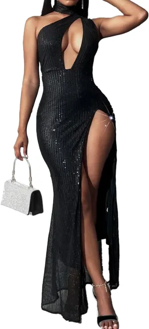 Womens Bodycon Sleeveless Dress Solid High Slit Sequins Maxi Party Dress