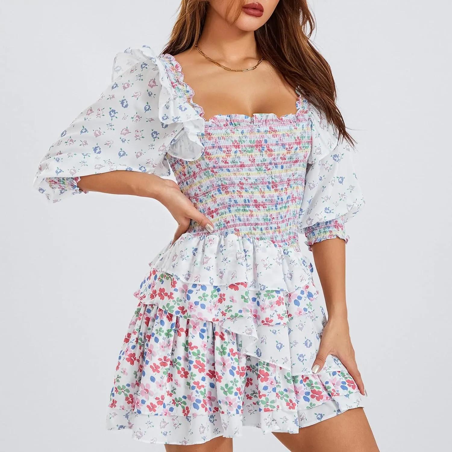 Women's Boho Floral Square Neck 3/4 Sleeve Smocked Layered Ruffle Mini Dress Spring Summer Casual A Line Swing Short Dress