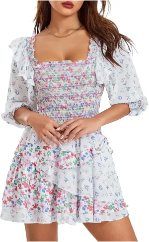 Women's Boho Floral Square Neck 3/4 Sleeve Smocked Layered Ruffle Mini Dress Spring Summer Casual A Line Swing Short Dress