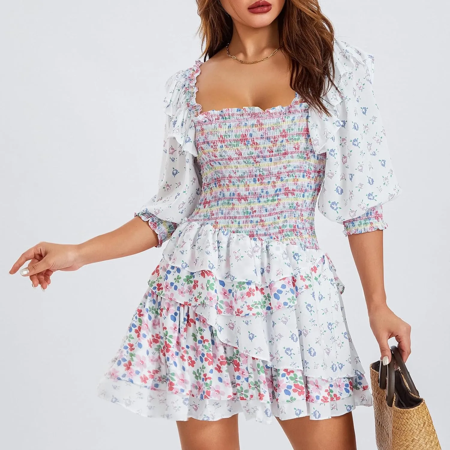 Women's Boho Floral Square Neck 3/4 Sleeve Smocked Layered Ruffle Mini Dress Spring Summer Casual A Line Swing Short Dress