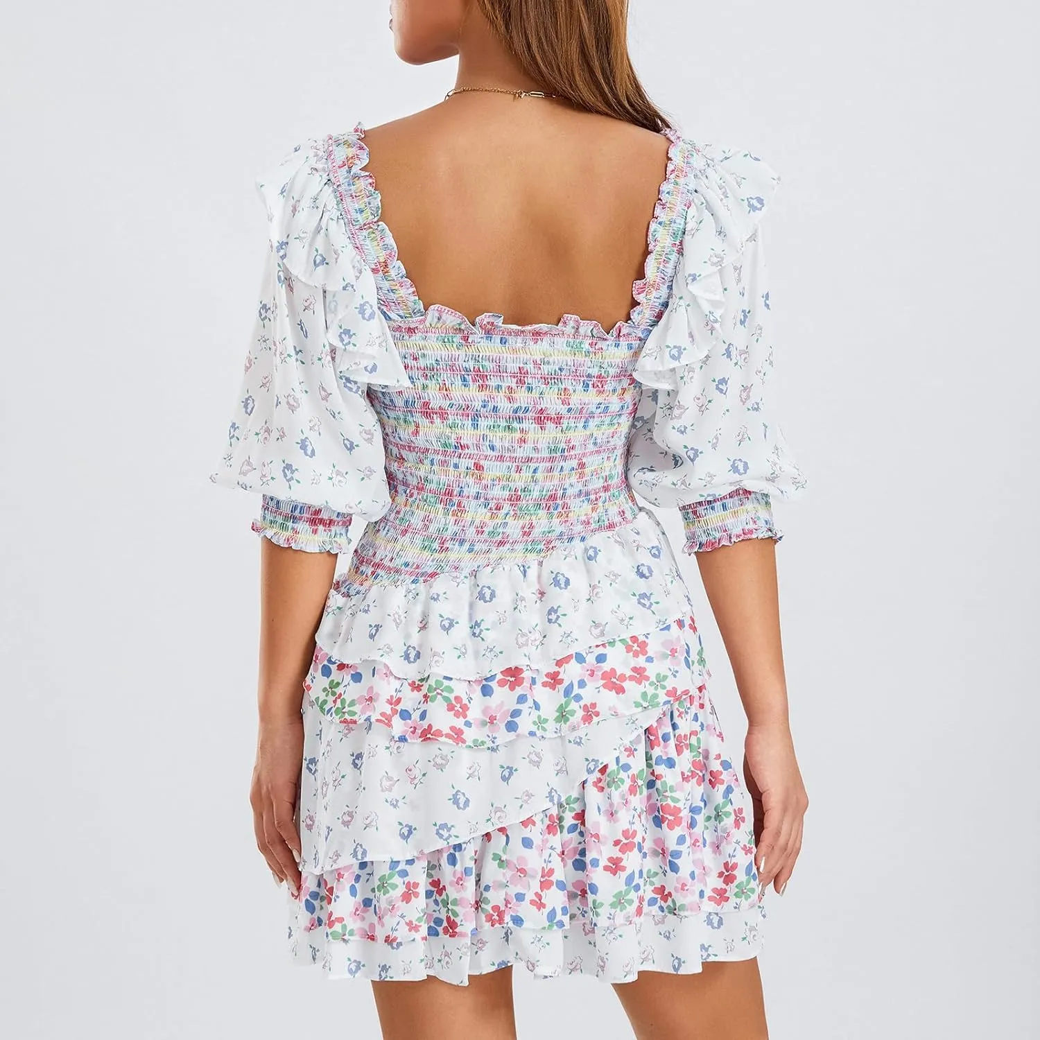 Women's Boho Floral Square Neck 3/4 Sleeve Smocked Layered Ruffle Mini Dress Spring Summer Casual A Line Swing Short Dress