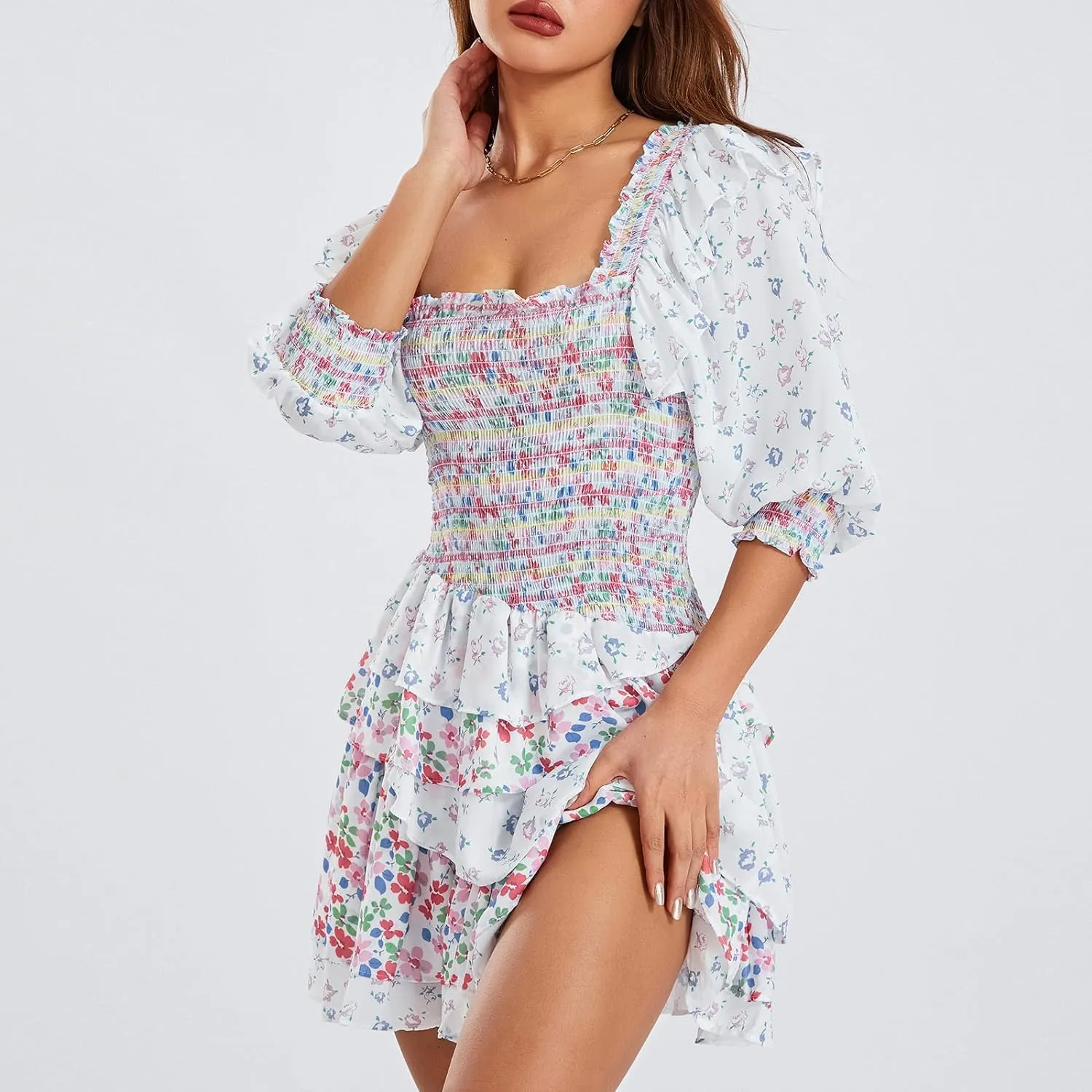 Women's Boho Floral Square Neck 3/4 Sleeve Smocked Layered Ruffle Mini Dress Spring Summer Casual A Line Swing Short Dress