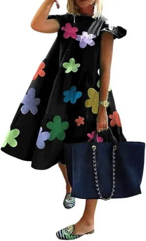 Women's Boho Ruffle Short Sleeve Spring Summer Midi Dress Casual Beach Vacation A-line Sundress for Women