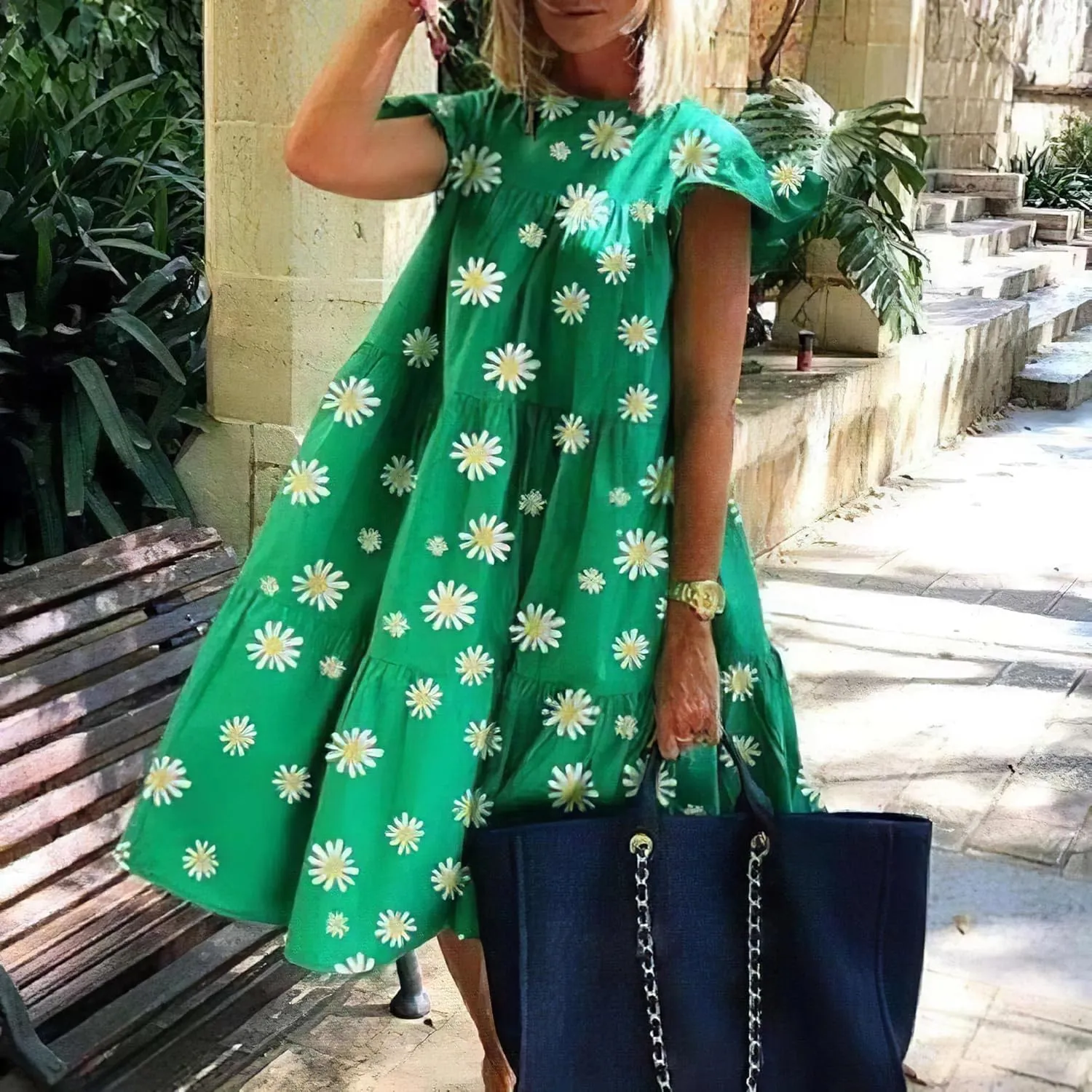 Women's Boho Ruffle Short Sleeve Spring Summer Midi Dress Casual Beach Vacation A-line Sundress for Women