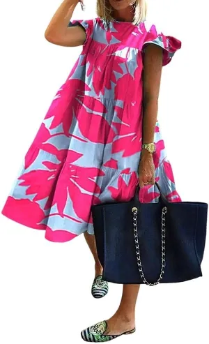 Women's Boho Ruffle Short Sleeve Spring Summer Midi Dress Casual Beach Vacation A-line Sundress for Women