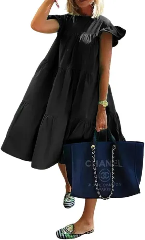 Women's Boho Ruffle Short Sleeve Spring Summer Midi Dress Casual Beach Vacation A-line Sundress for Women