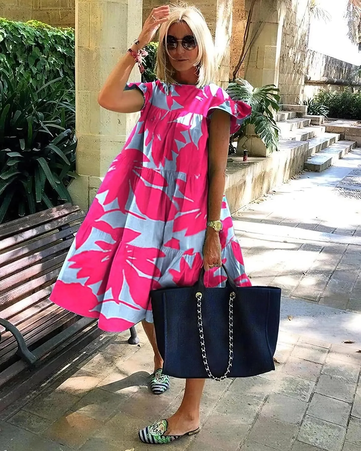Women's Boho Ruffle Short Sleeve Spring Summer Midi Dress Casual Beach Vacation A-line Sundress for Women