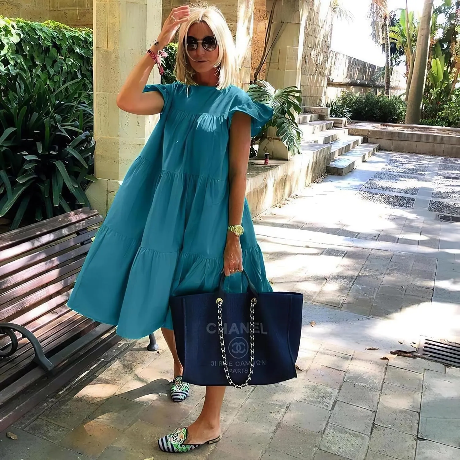 Women's Boho Ruffle Short Sleeve Spring Summer Midi Dress Casual Beach Vacation A-line Sundress for Women