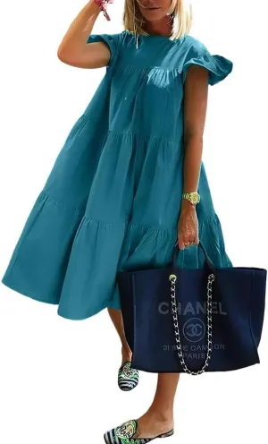 Women's Boho Ruffle Short Sleeve Spring Summer Midi Dress Casual Beach Vacation A-line Sundress for Women