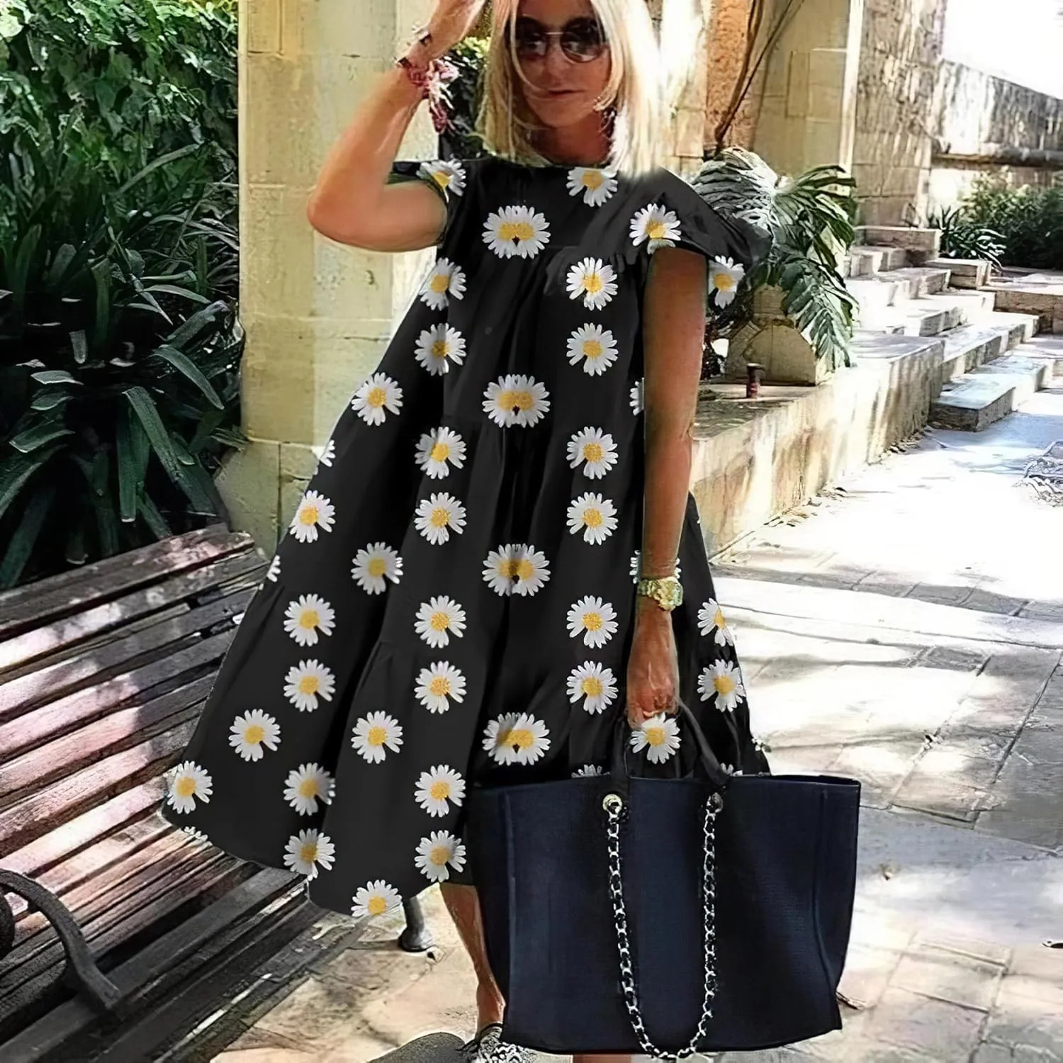Women's Boho Ruffle Short Sleeve Spring Summer Midi Dress Casual Beach Vacation A-line Sundress for Women
