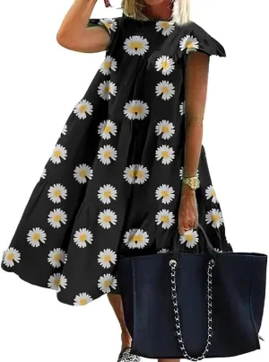 Women's Boho Ruffle Short Sleeve Spring Summer Midi Dress Casual Beach Vacation A-line Sundress for Women