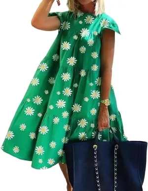 Women's Boho Ruffle Short Sleeve Spring Summer Midi Dress Casual Beach Vacation A-line Sundress for Women