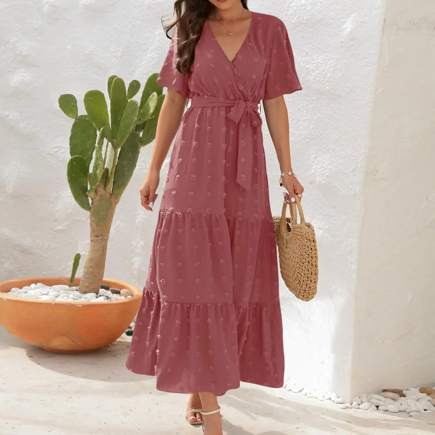 Womens Boho Swiss Dot Maxi Dresses Summer Wrap V Neck Flutter Short Sleeve Tie Belt A Line Tiered Flowy Long Dress