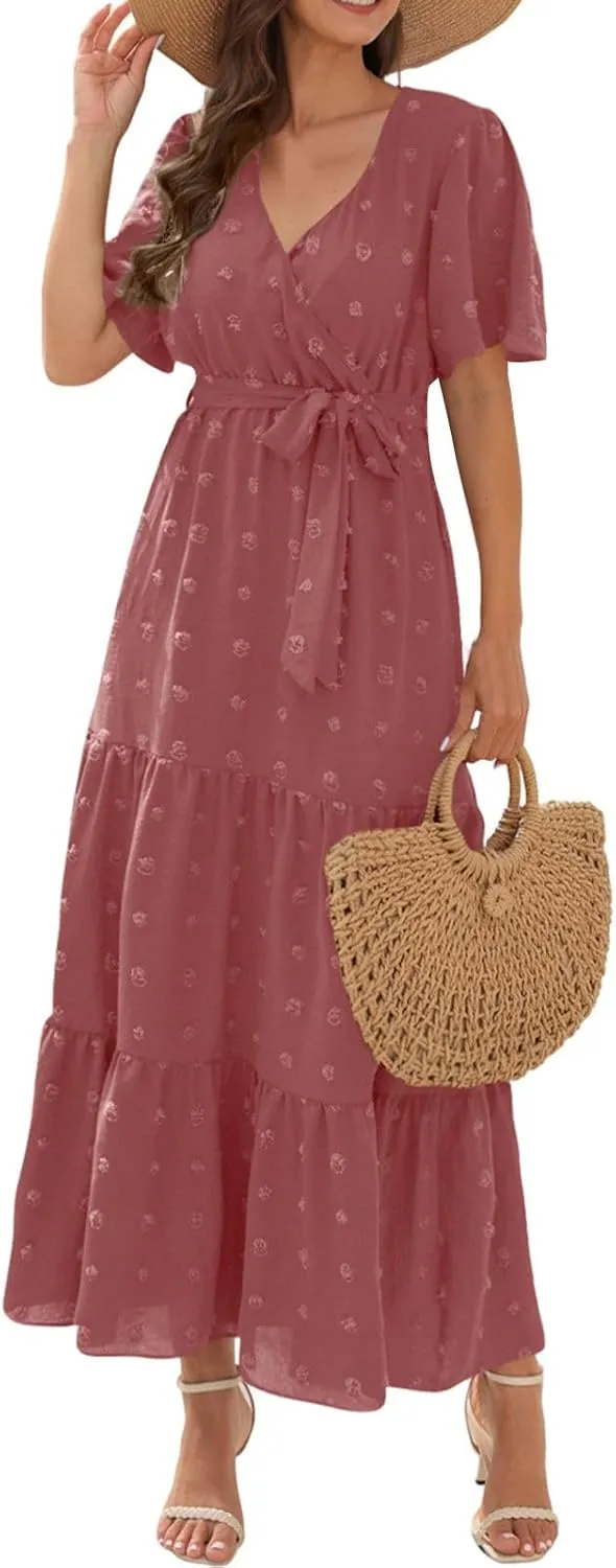 Womens Boho Swiss Dot Maxi Dresses Summer Wrap V Neck Flutter Short Sleeve Tie Belt A Line Tiered Flowy Long Dress