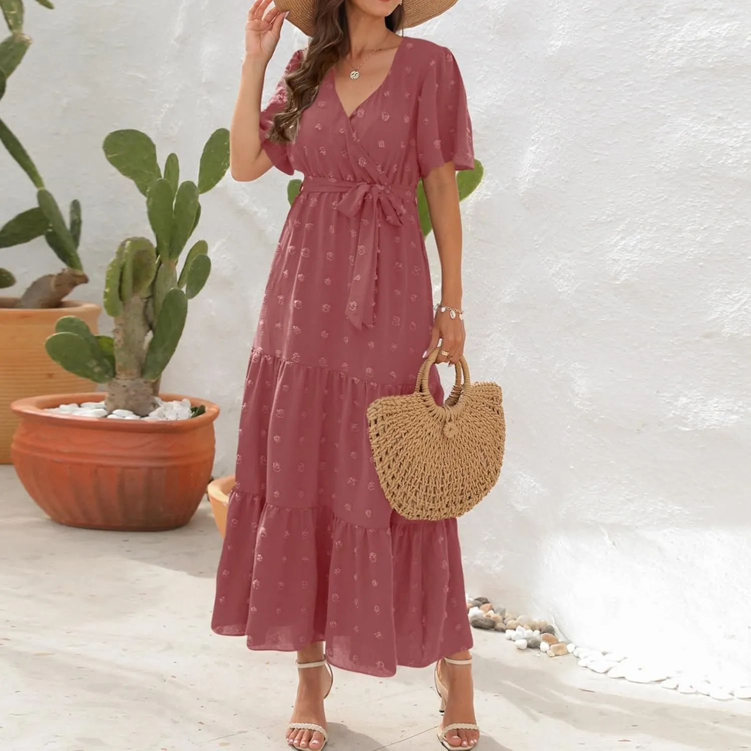 Womens Boho Swiss Dot Maxi Dresses Summer Wrap V Neck Flutter Short Sleeve Tie Belt A Line Tiered Flowy Long Dress